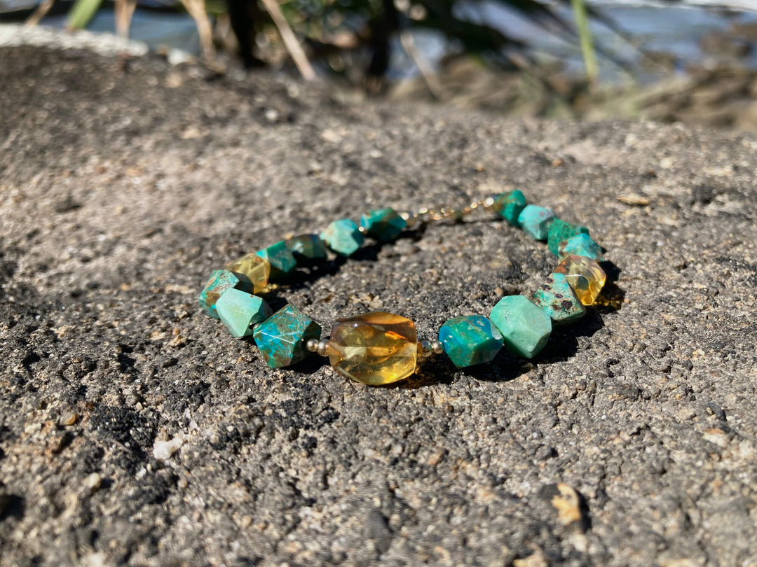 Amber & Chrysocolla Gold Bracelet