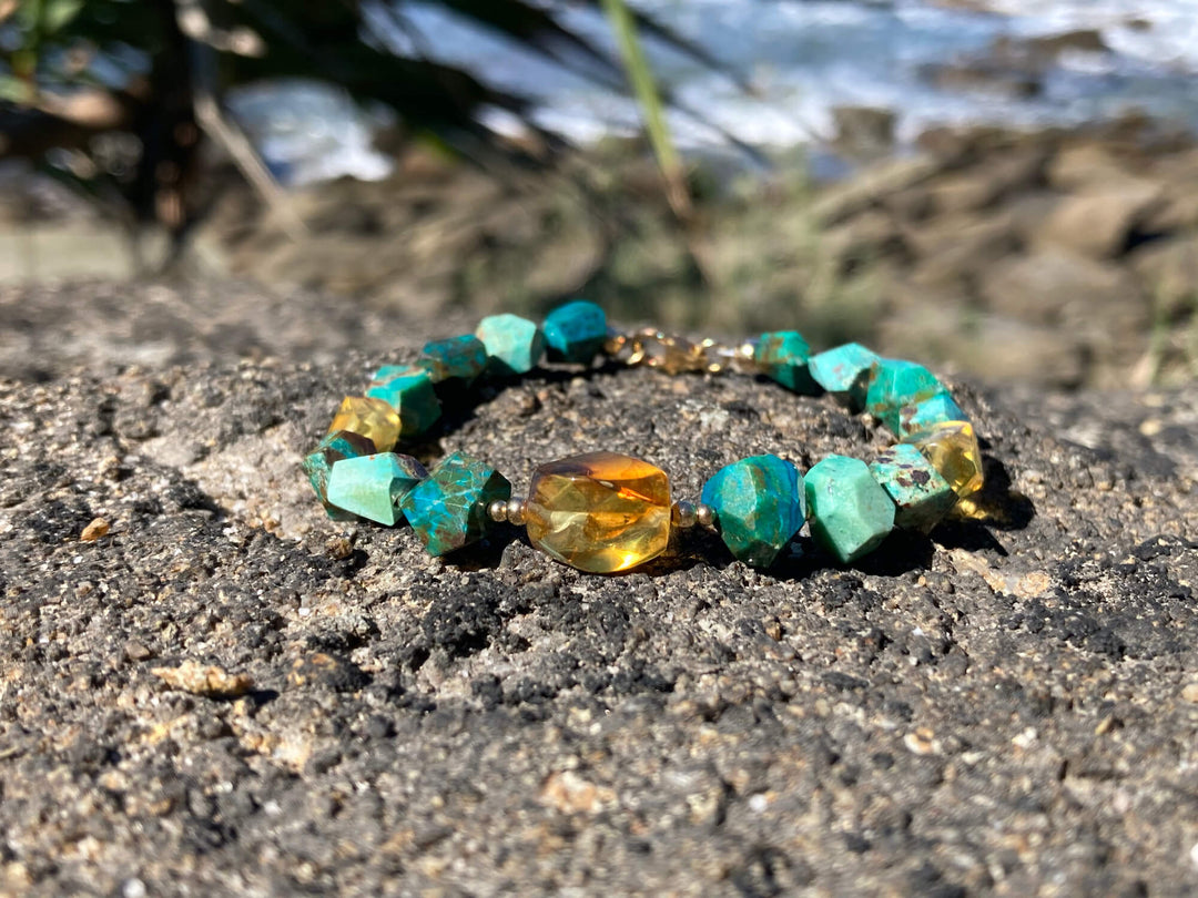 Amber & Chrysocolla Gold Bracelet for empowerment