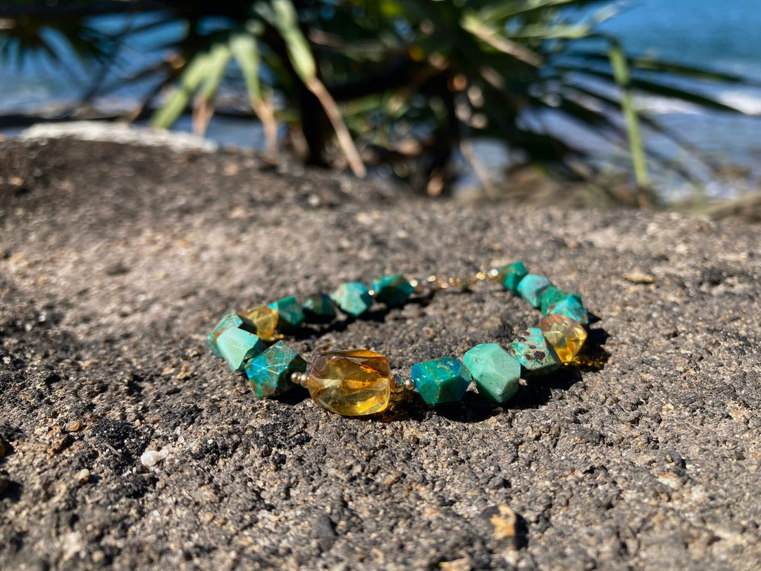 Amber & Chrysocolla Gold Bracelet for healing