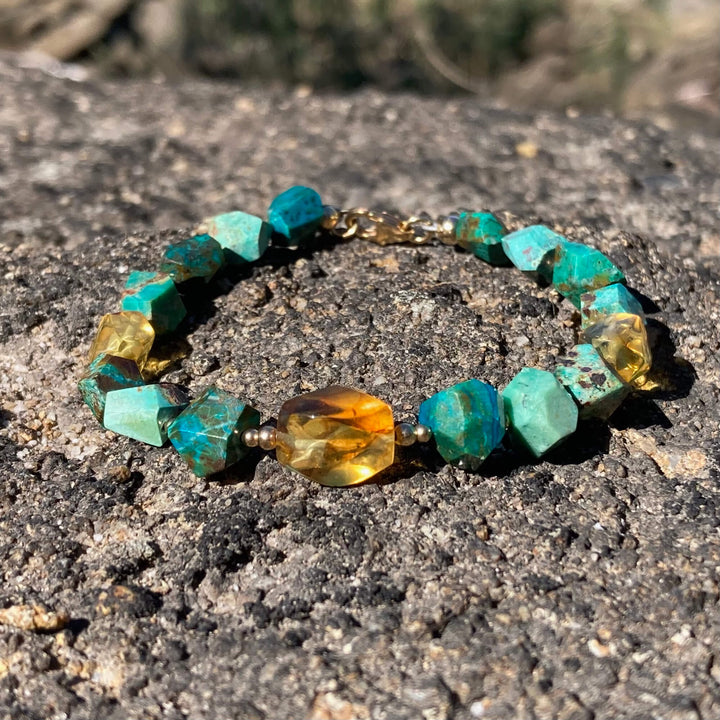 Amber & Chrysocolla Gold Bracelet for support