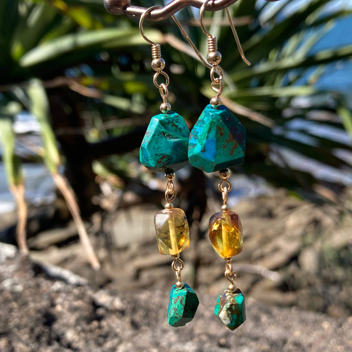 Amber & Chrysocolla Gold Earrings