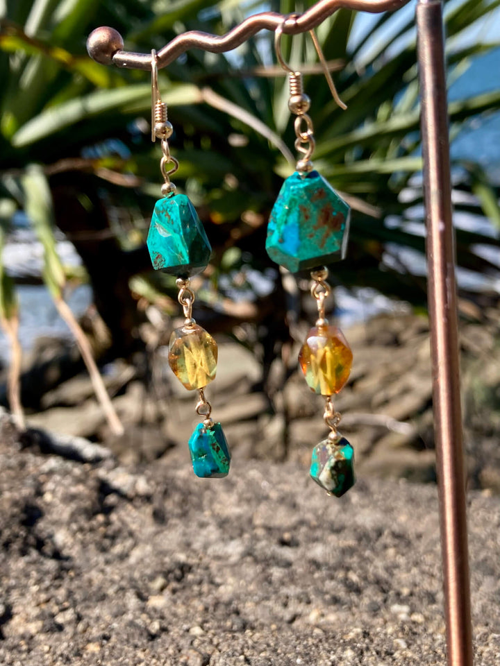 Amber & Chrysocolla Gold Earrings for healing