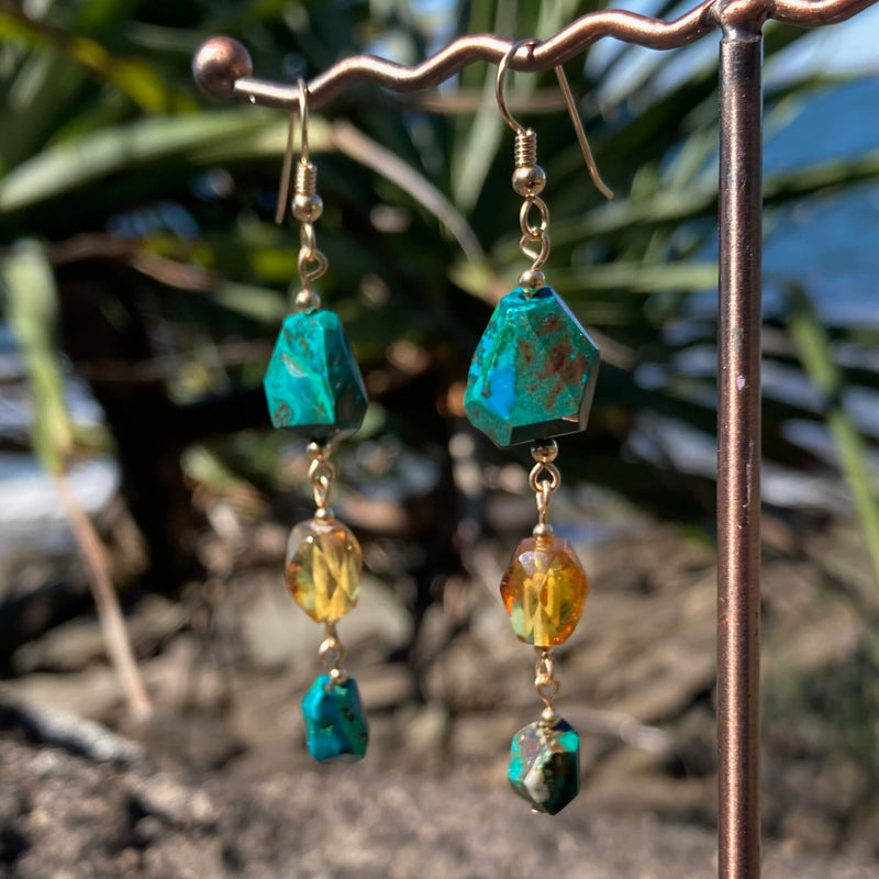 Amber & Chrysocolla Gold Earrings for support