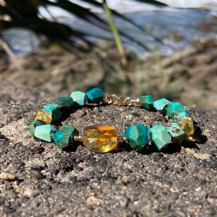 Amber & Chrysocolla Gold crystal Bracelet