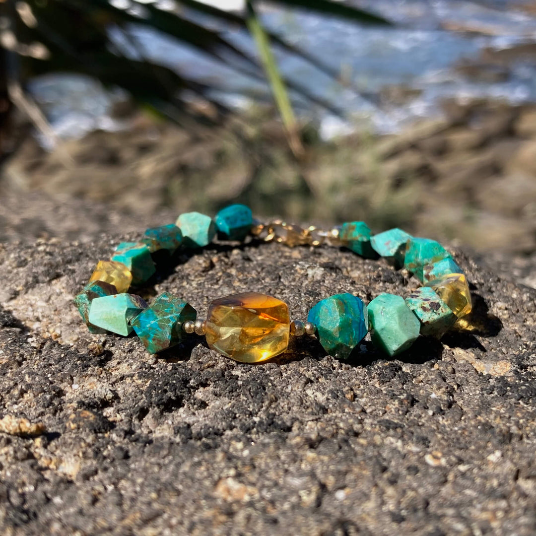 Amber & Chrysocolla Gold Healing Bracelet