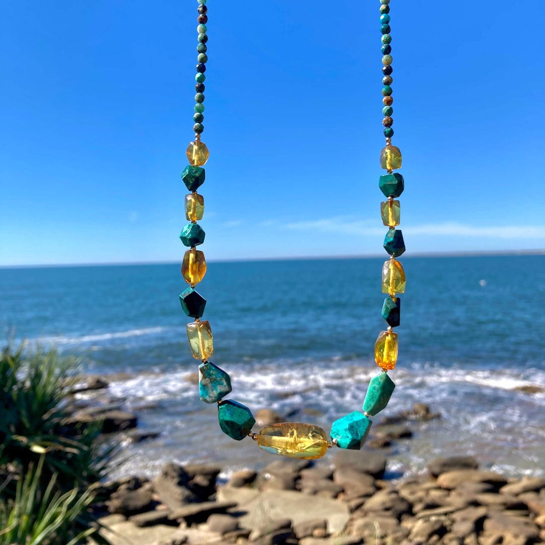 Amber Chrysocolloa and Gold Nugget necklace