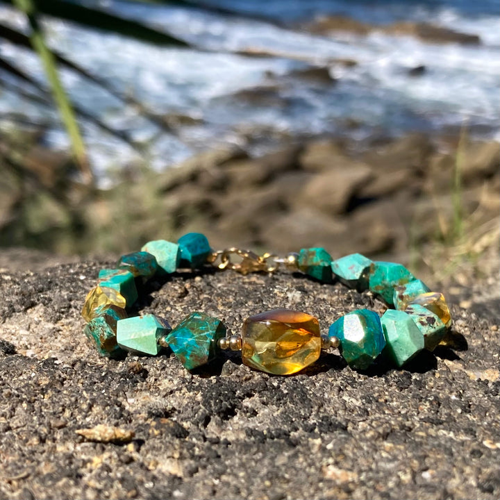 Amber & Chrysocolla Gold Unisex Bracelet