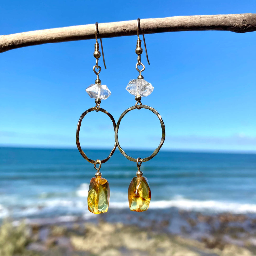 Amber & Herkimer Diamond Gold Pendant Earrings