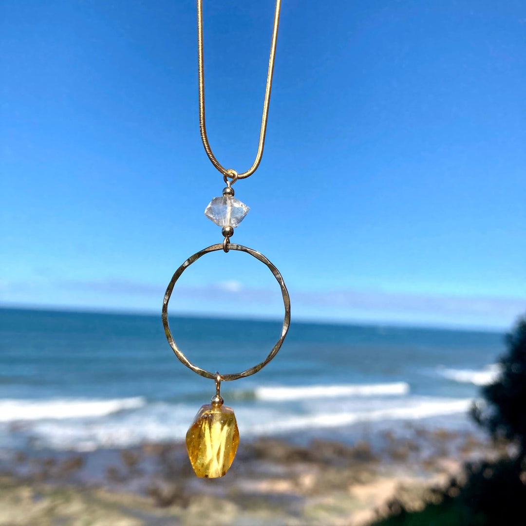 Amber & Herkimer Diamond Gold Pendant Necklace