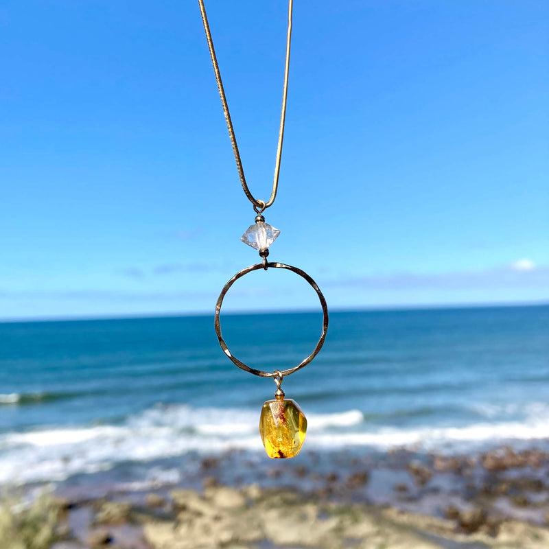 Amber & Herkimer Diamond Gold Pendant Necklace for empowerment