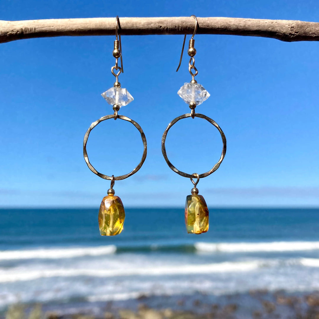 Amber & Herkimer Diamond Gold Pendant healing Earrings