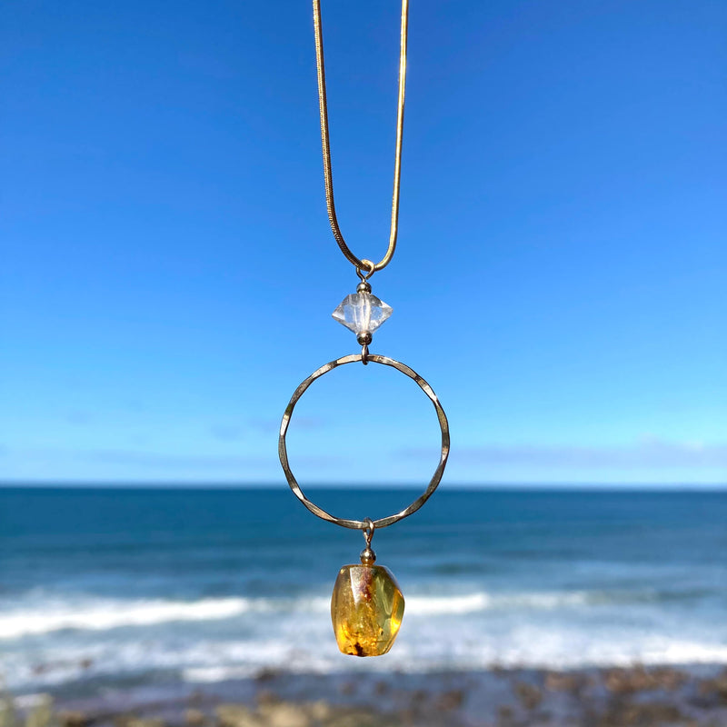 Amber & Herkimer Diamond Gold Pendant Necklace for ladies