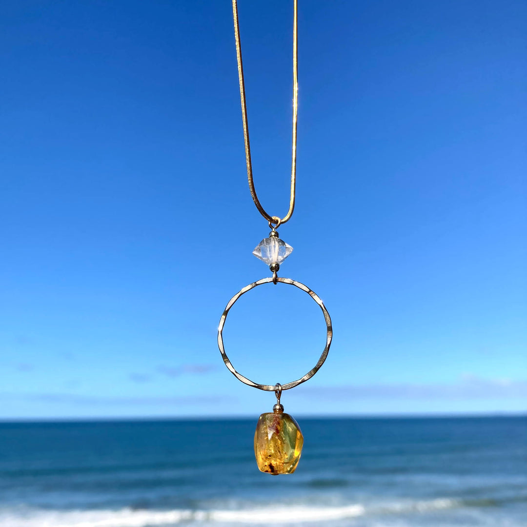 Amber & Herkimer Diamond Gold Pendant healing womensNecklace