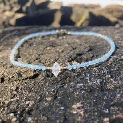 Aquamarine & herkimer diamond gold necklace for courgae