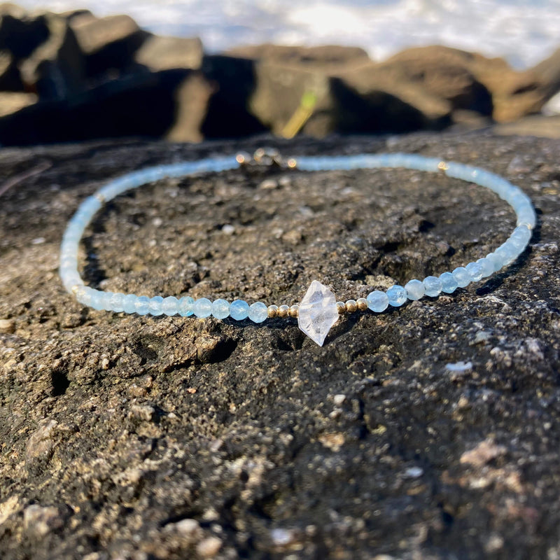 Aquamarine & herkimer diamond gold necklace for ladies