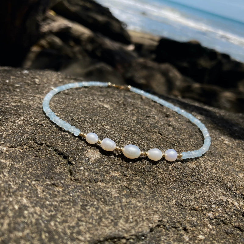 Aquamarine Pearl Gold Necklace for ladies