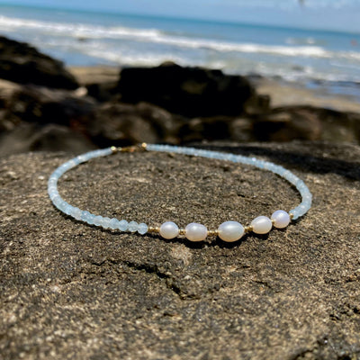 Aquamarine Pearl Gold crystal Necklace