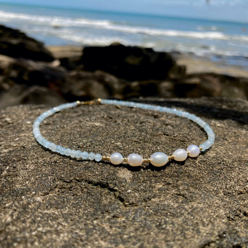 Aquamarine Pearl Gold crystal Necklace