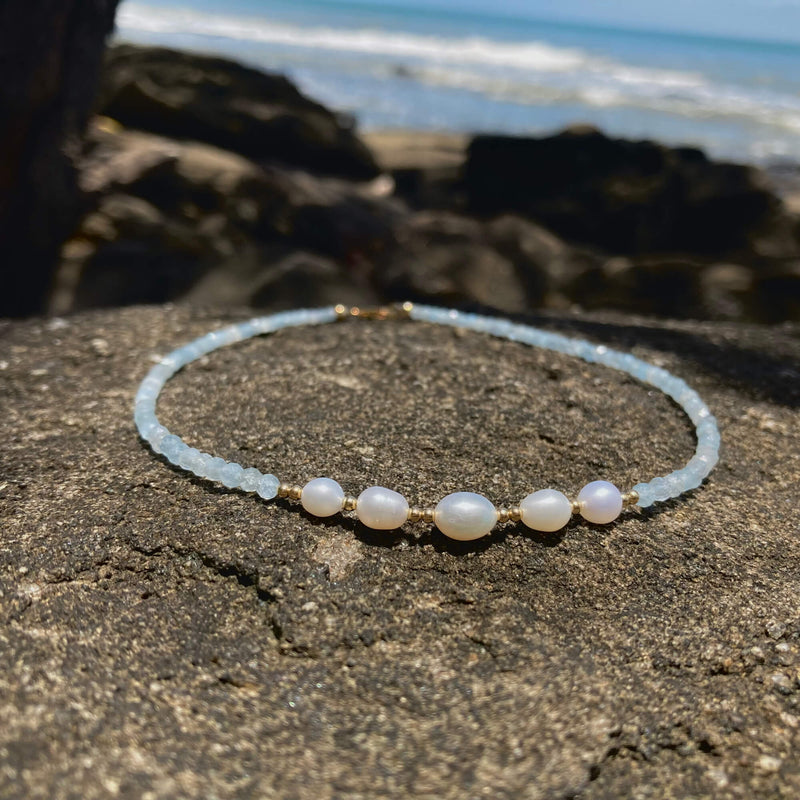Aquamarine Pearl Gold healing crystal Necklace