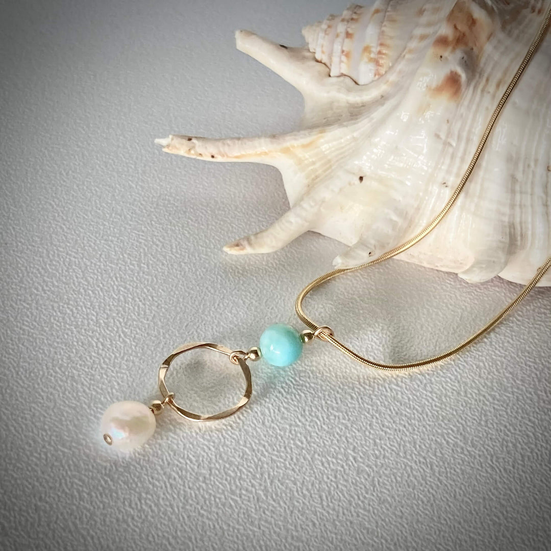 Atlantis Larimar & Pearl Gold Pendant Necklace for healing