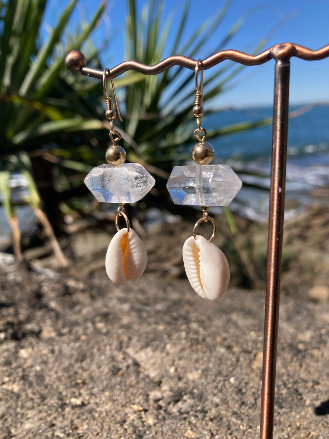 Atlantis Double Terminated Clear Quartz & Cowrie Shell Gold Earrings