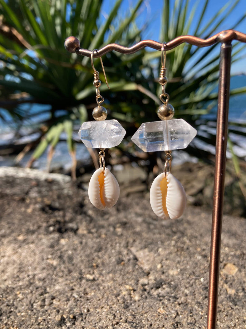 Atlantis Double Terminated Clear Quartz & Cowrie Shell Gold Crystal Earrings