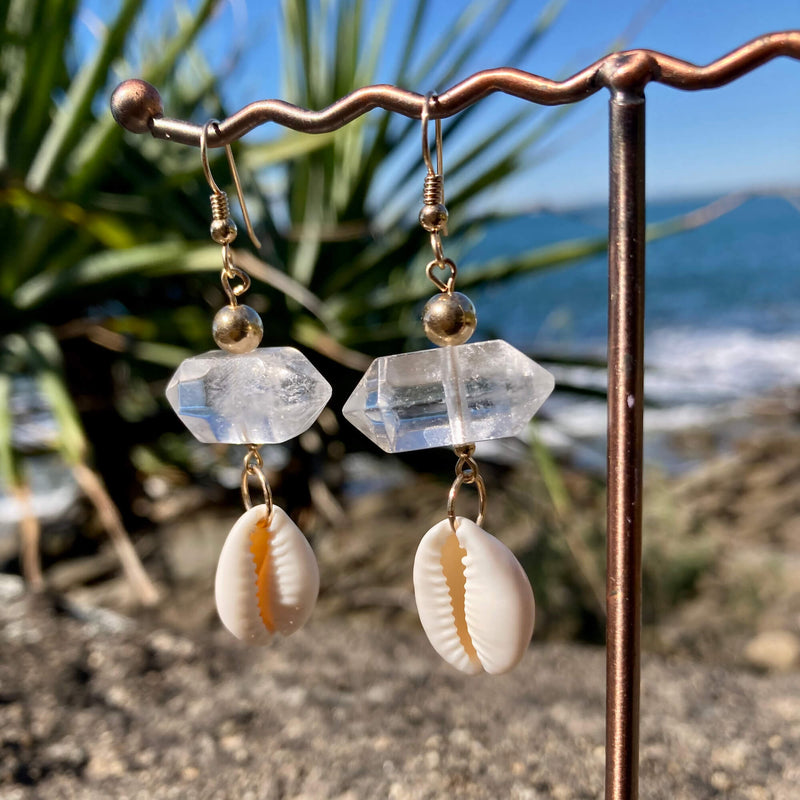 Atlantis Double Terminated Clear Quartz & Cowrie Shell Gold Earrings for healing