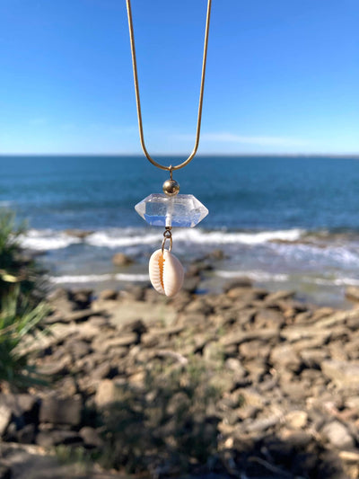 Atlantis Double Terminated Clear Quartz & Cowrie Shell Gold Necklace for empowerment