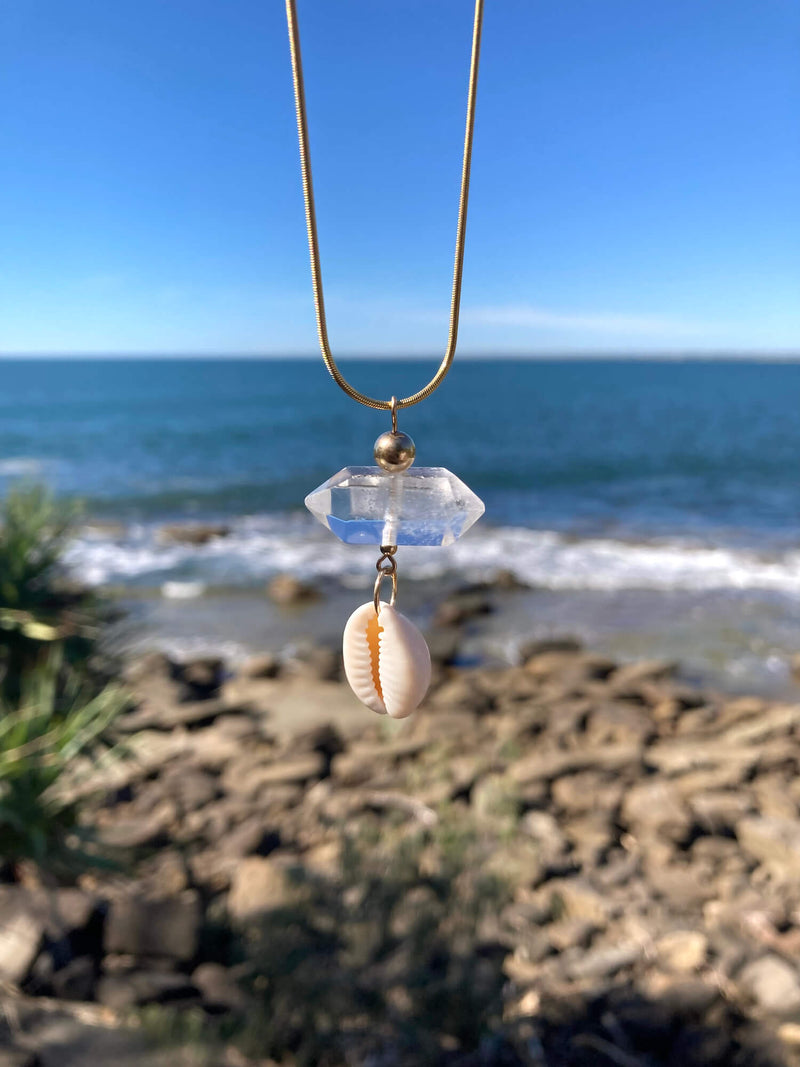Atlantis Double Terminated Clear Quartz & Cowrie Shell Gold Necklace for healing