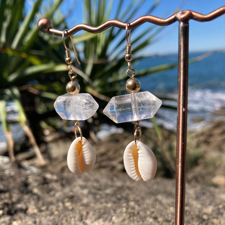 Atlantis Double Terminated Clear Quartz & Cowrie Shell Gold Earrings