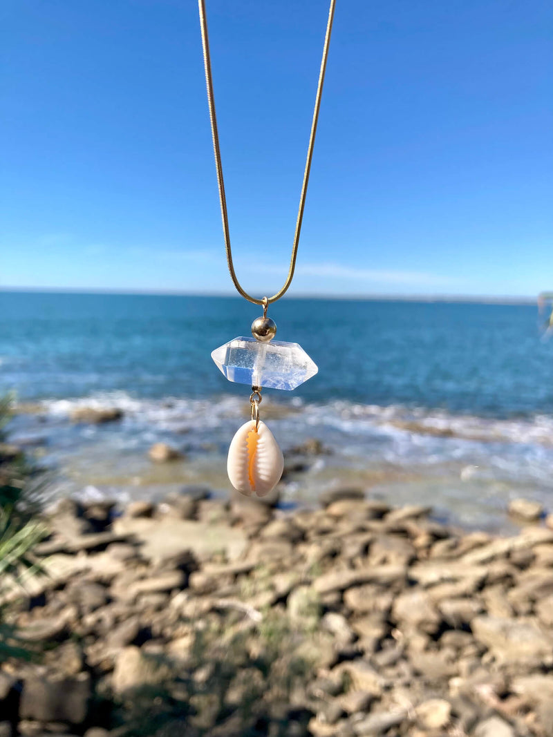 Atlantis Double Terminated Clear Quartz & Cowrie Shell Gold Crystal Necklace