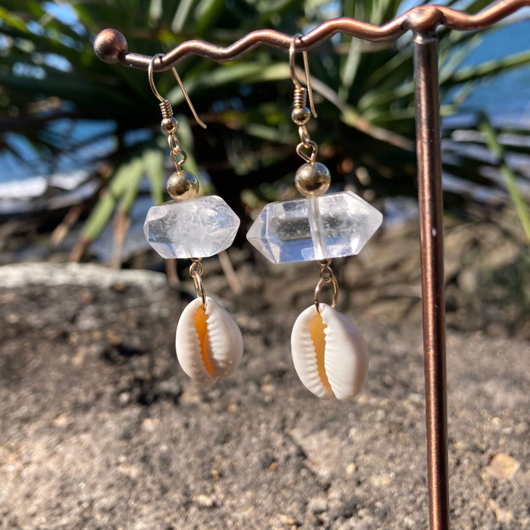 Atlantis Double Terminated Clear Quartz & Cowrie Shell Gold Healing Earrings