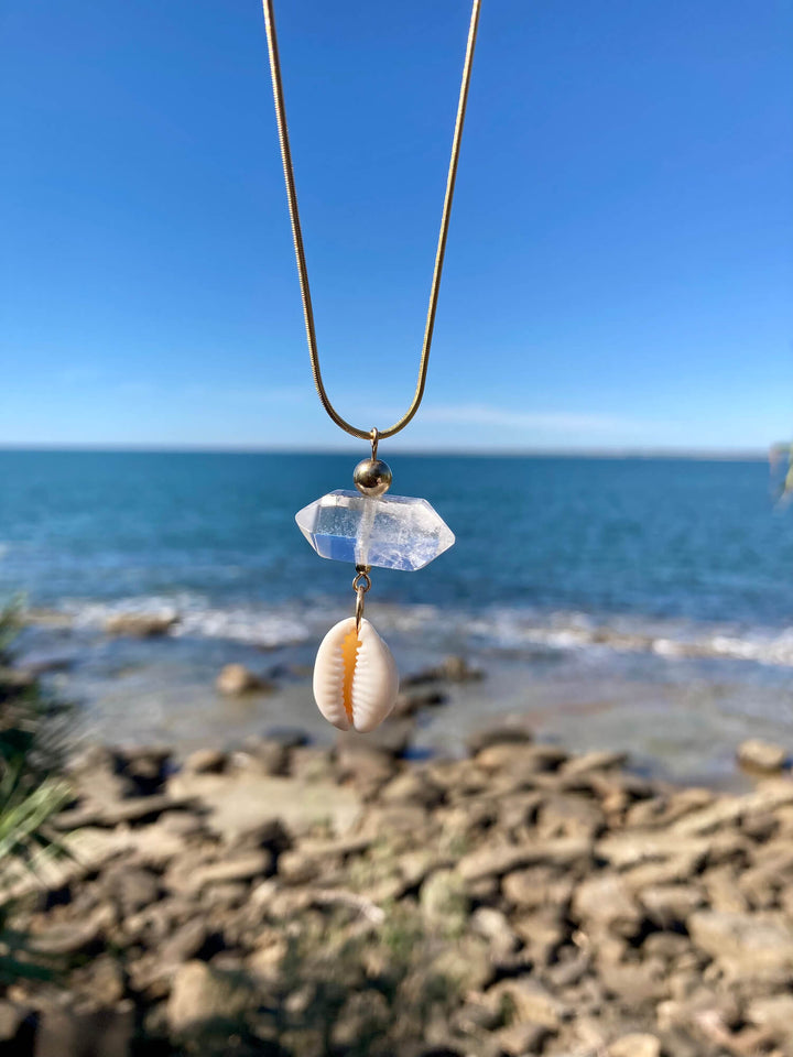 Atlantis Double Terminated Clear Quartz & Cowrie Shell Gold healing crystal Necklace