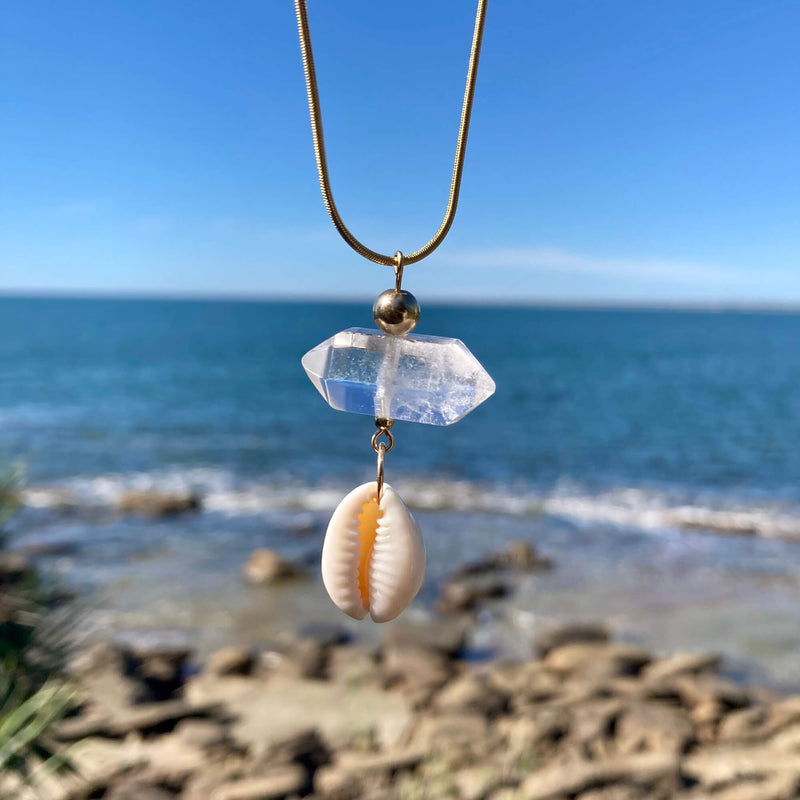 Atlantis Double Terminated Clear Quartz & Cowrie Shell Gold healing Necklace