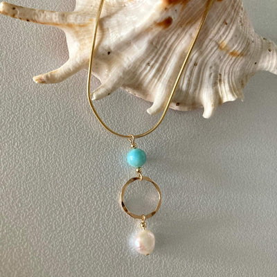 Atlantis Larimar & Pearl Gold Pendant healing  Necklace