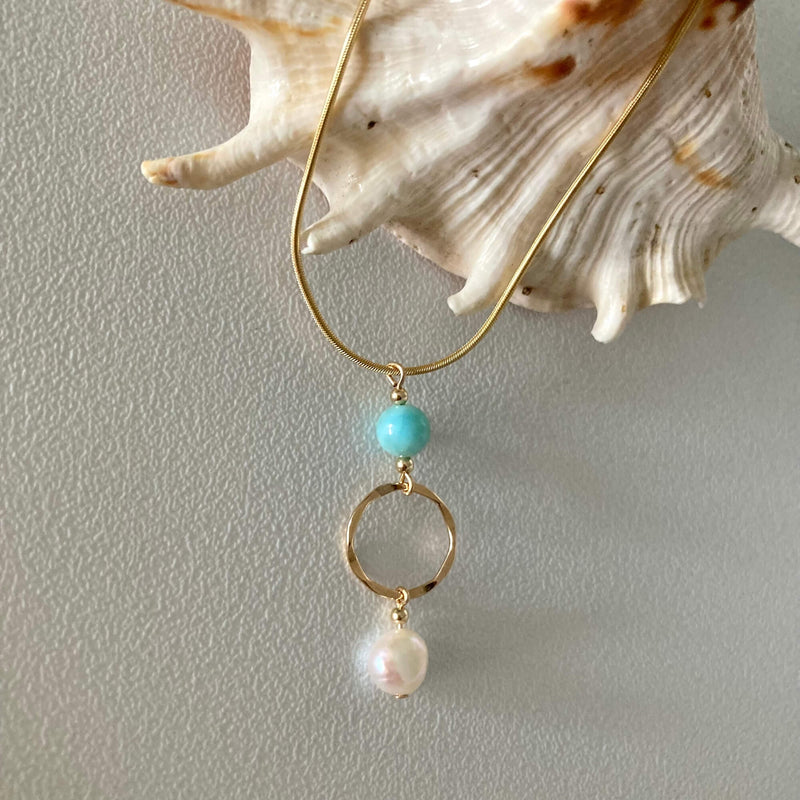 Atlantis Larimar & Pearl Gold Pendant ladies Necklace