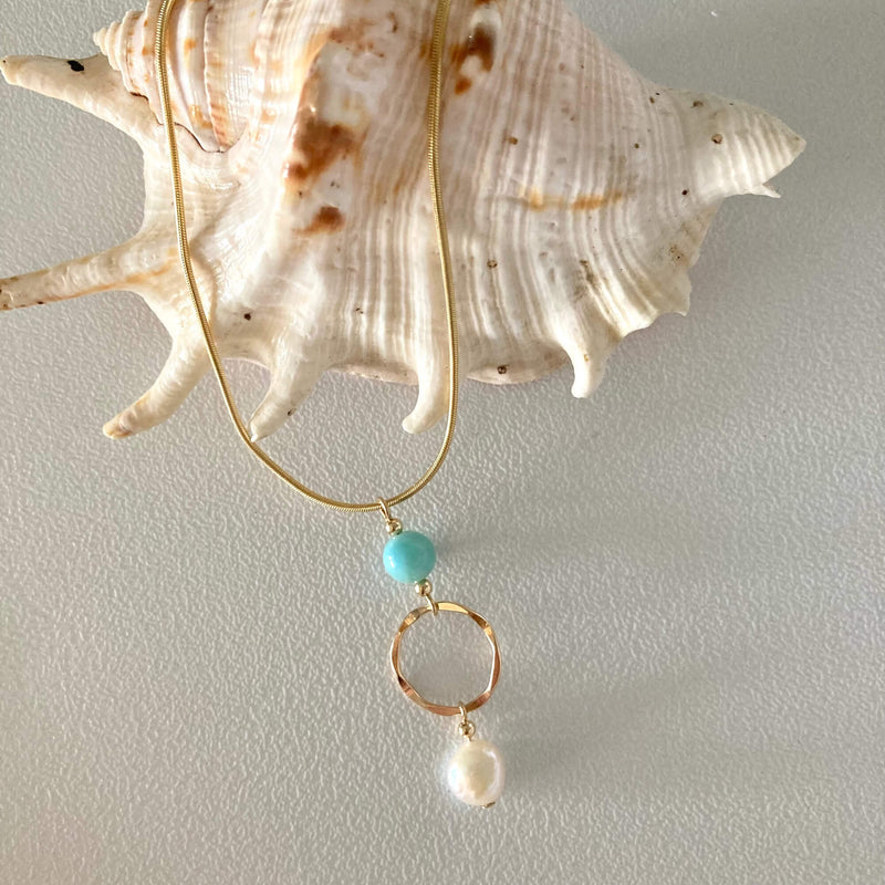 Atlantis Larimar & Pearl Gold Pendant Necklace