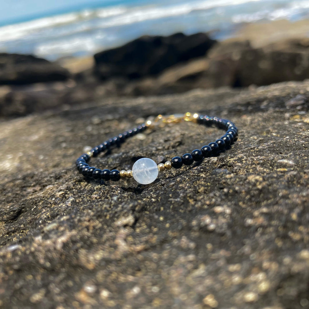 Black Tourmaline, moonstone & gold bracelet