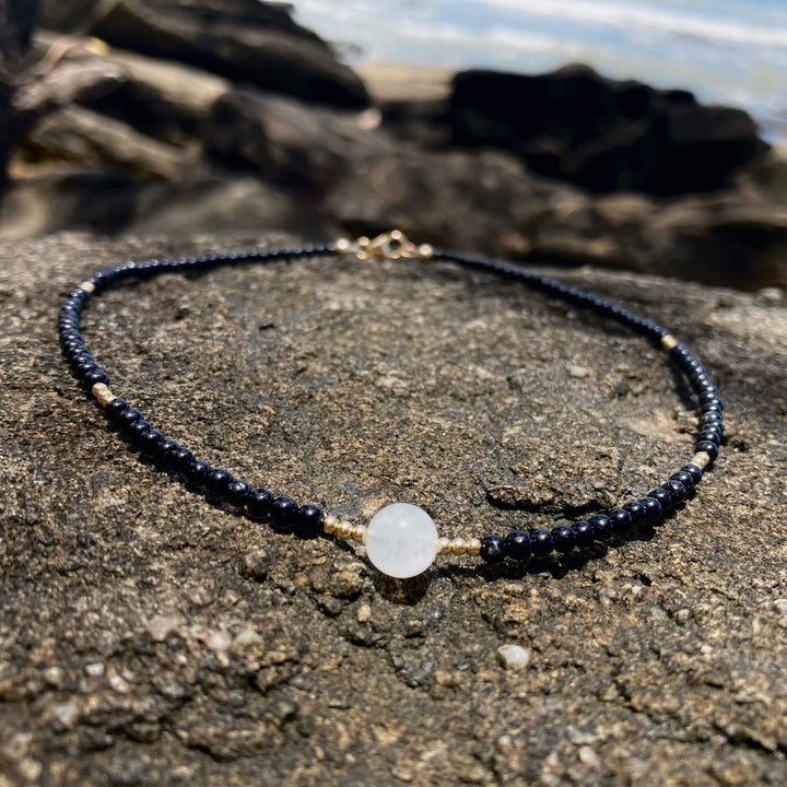 Black Tourmaline, moonstone & gold necklace