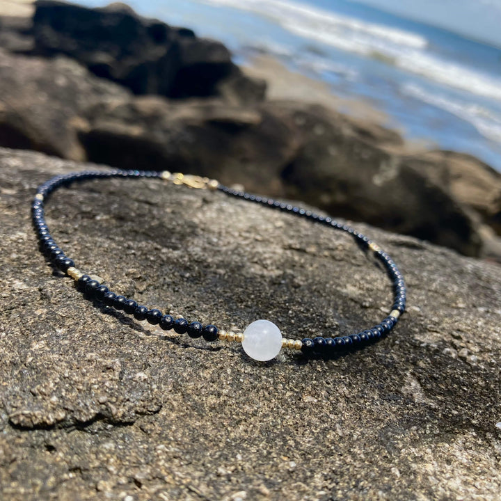 Black Tourmaline, moonstone & gold necklace for empowerment