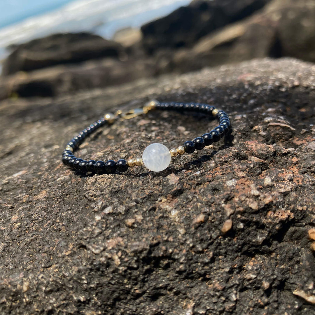 Black Tourmaline, moonstone & gold crystal bracelet