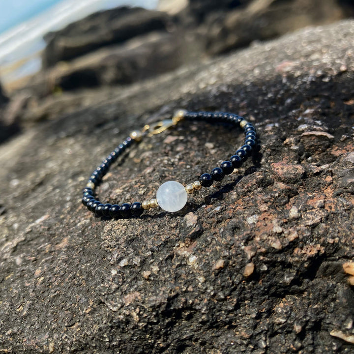 Black Tourmaline, moonstone & gold ladies crystal bracelet