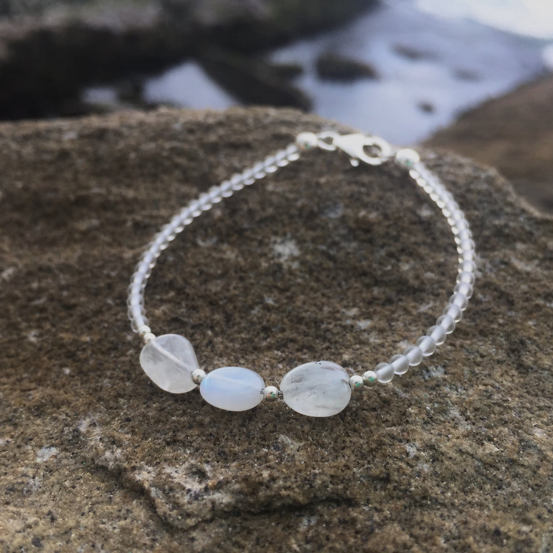 Childrens moonstone and clear quartz moon child bracelet