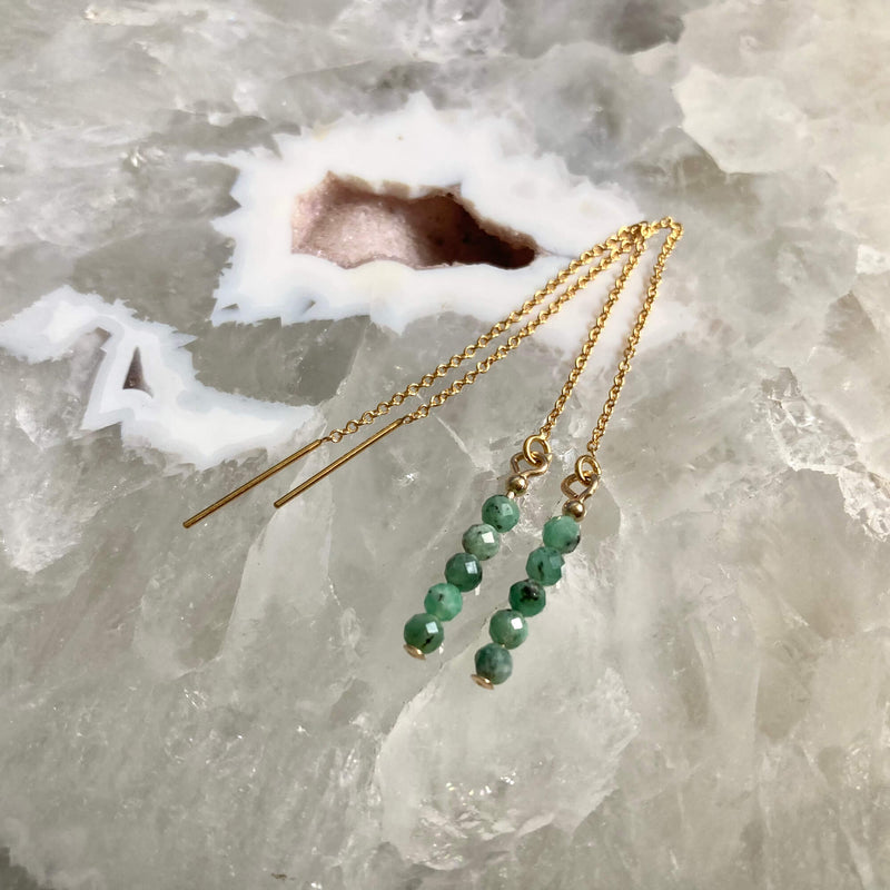 Emerald Gold Thread Earrings for healing