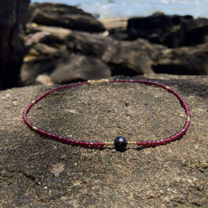 Garnet & Black Pearl gold Necklace