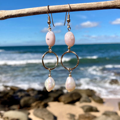 Pink Opal & Pearl Gold Hoop Earrings