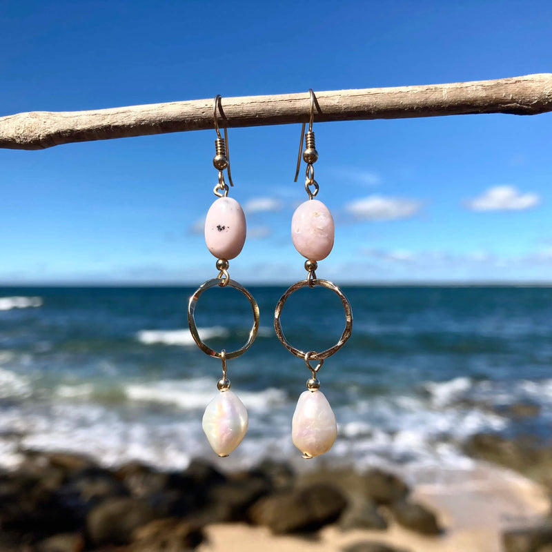 Pink Opal & Pearl Gold Hoop Earrings for healing