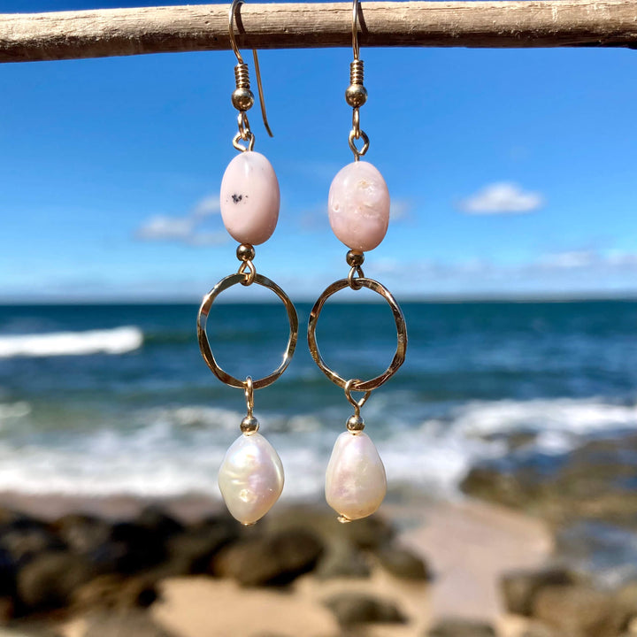 Pink Opal & Pearl Gold Hoop Earrings for women