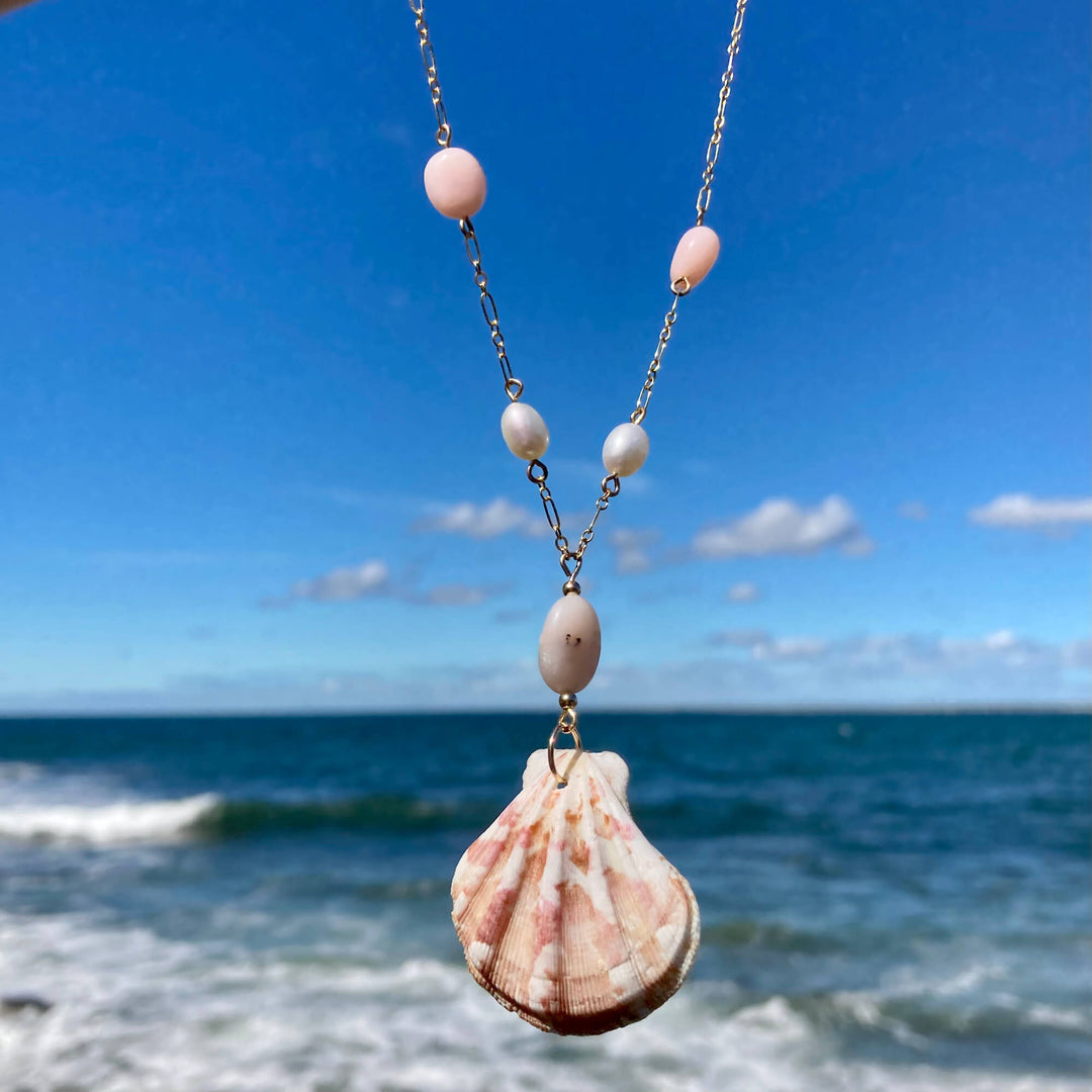 Pink Opal, Pearl & Shell Gold Necklace