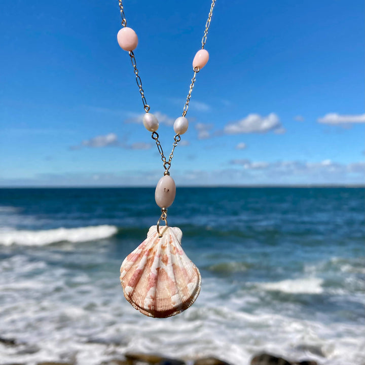 Pink Opal, Pearl & Shell Gold Necklace